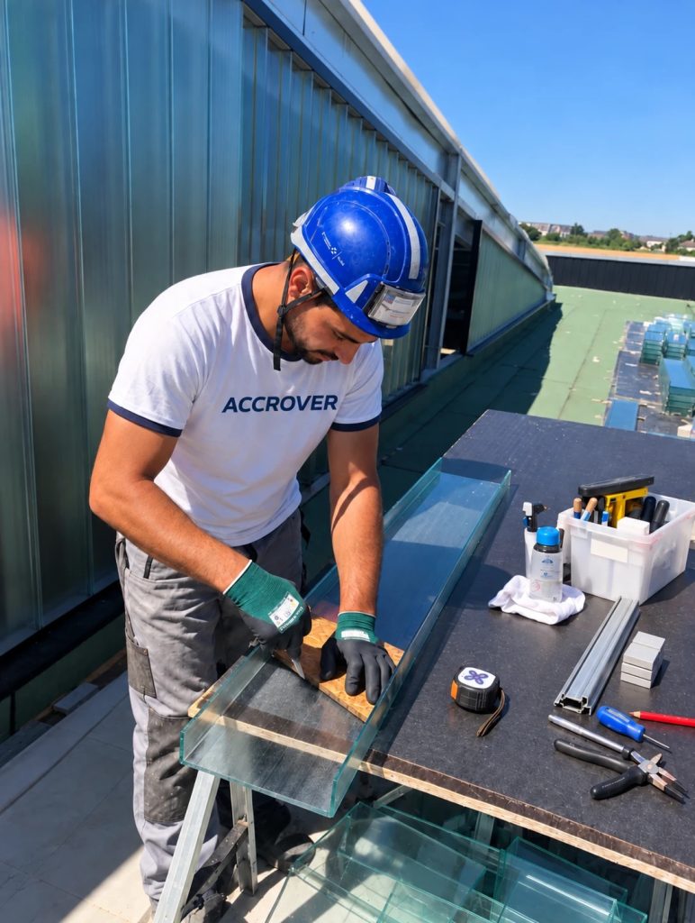 Découpe du verre profilé en U au coupe-verre sur un poste de coupe de chantier, par un poseur ACCROVER